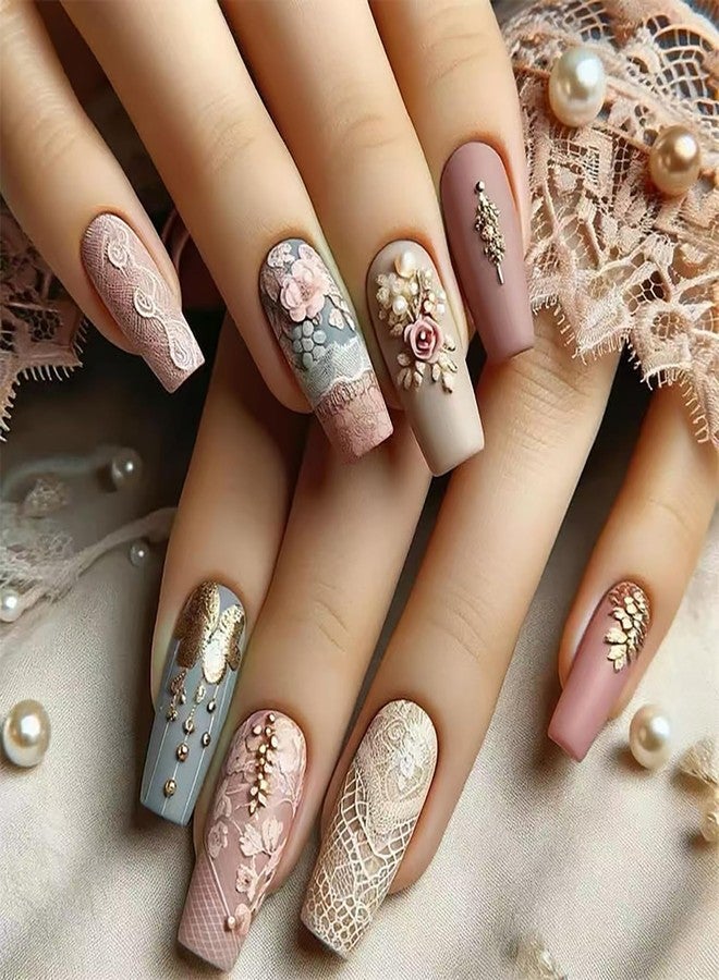 CJDLTS Flower Press on Nails Medium Ballet Shaped Rose Floral Lace Pattern Design Full Cover Glossy Acrylic False Nail Artificial Press Ons Fake Nail DIY Reusable Glue on Nails for Women 24Pcs - Image 1